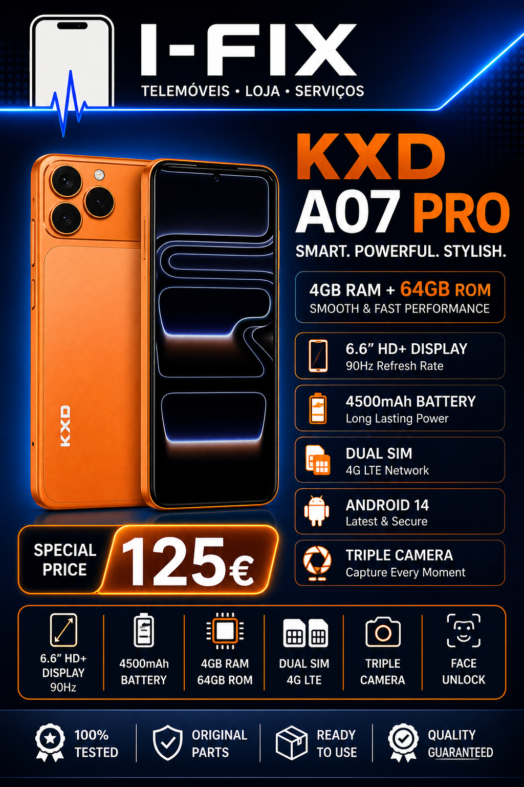 KXD A07 Pro 64GB – Laranja (Novo) – 125€