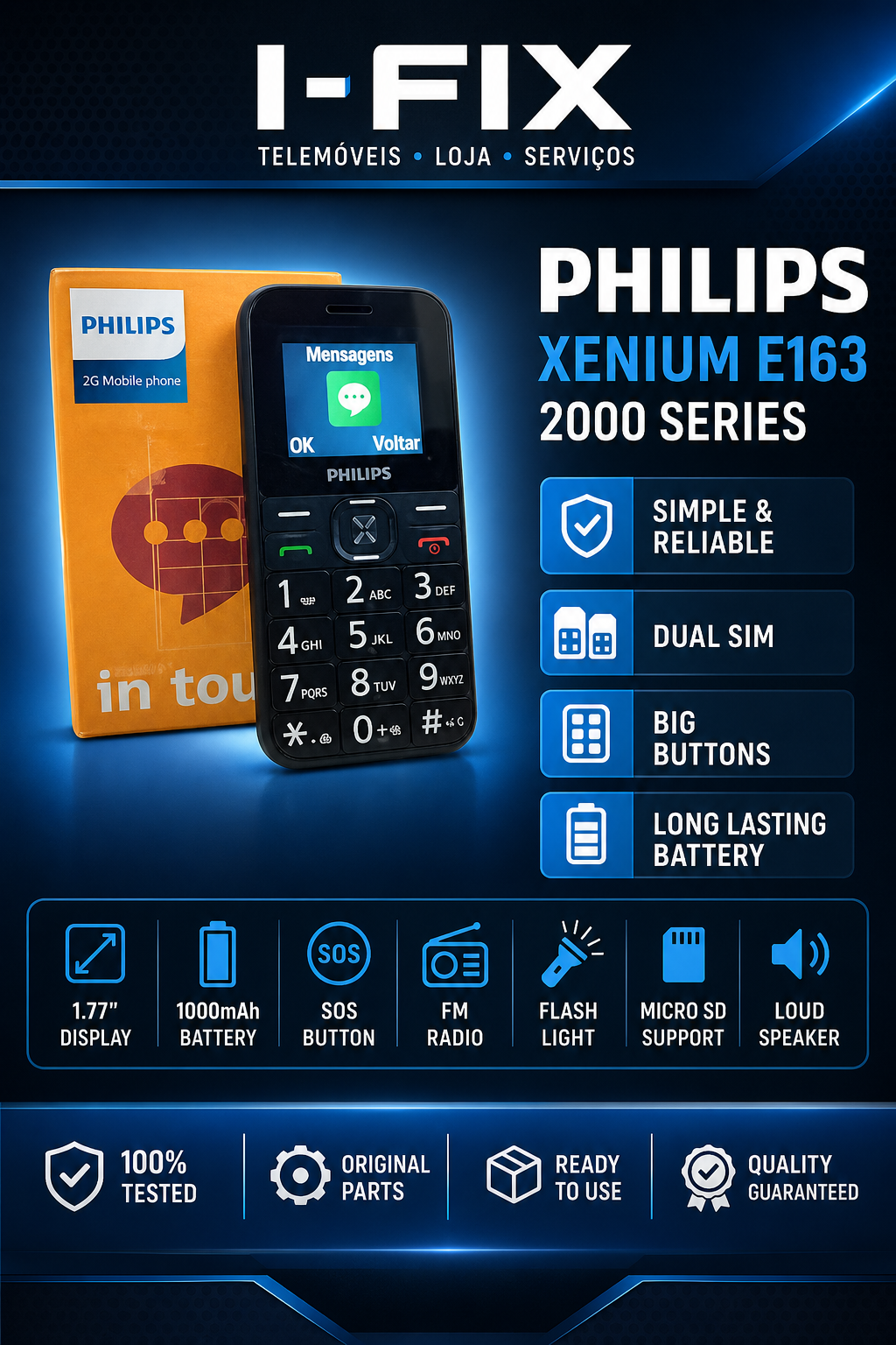 Philips Xenium E163 com teclas grandes e ecrã de 1.77